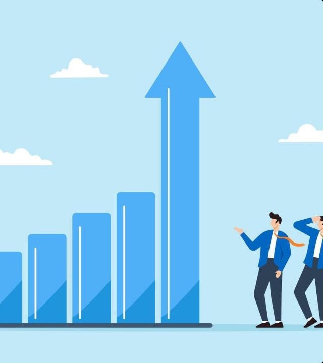 Illustration of rising bar chart with an upward arrow